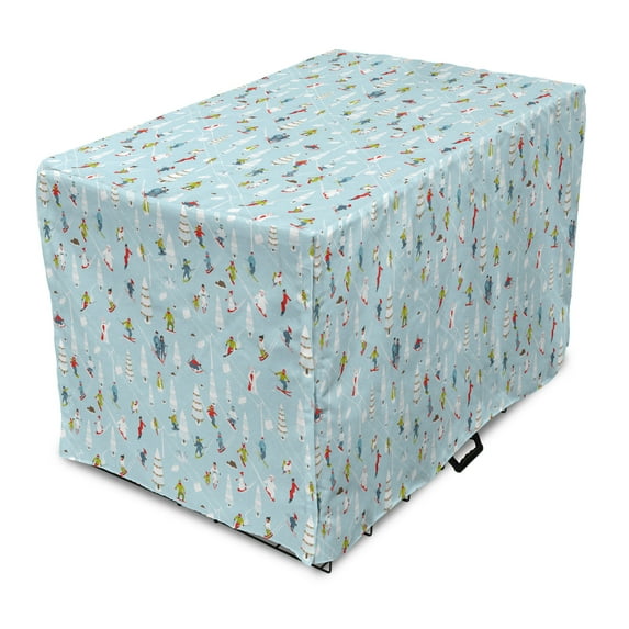 Winter Dog Crate Cover, Concept of Ski Resort with Human on Snow, Easy to Use Pet Kennel Cover Small Dogs Puppies Kittens, 7 Sizes, Blue Multicolor, by Ambesonne