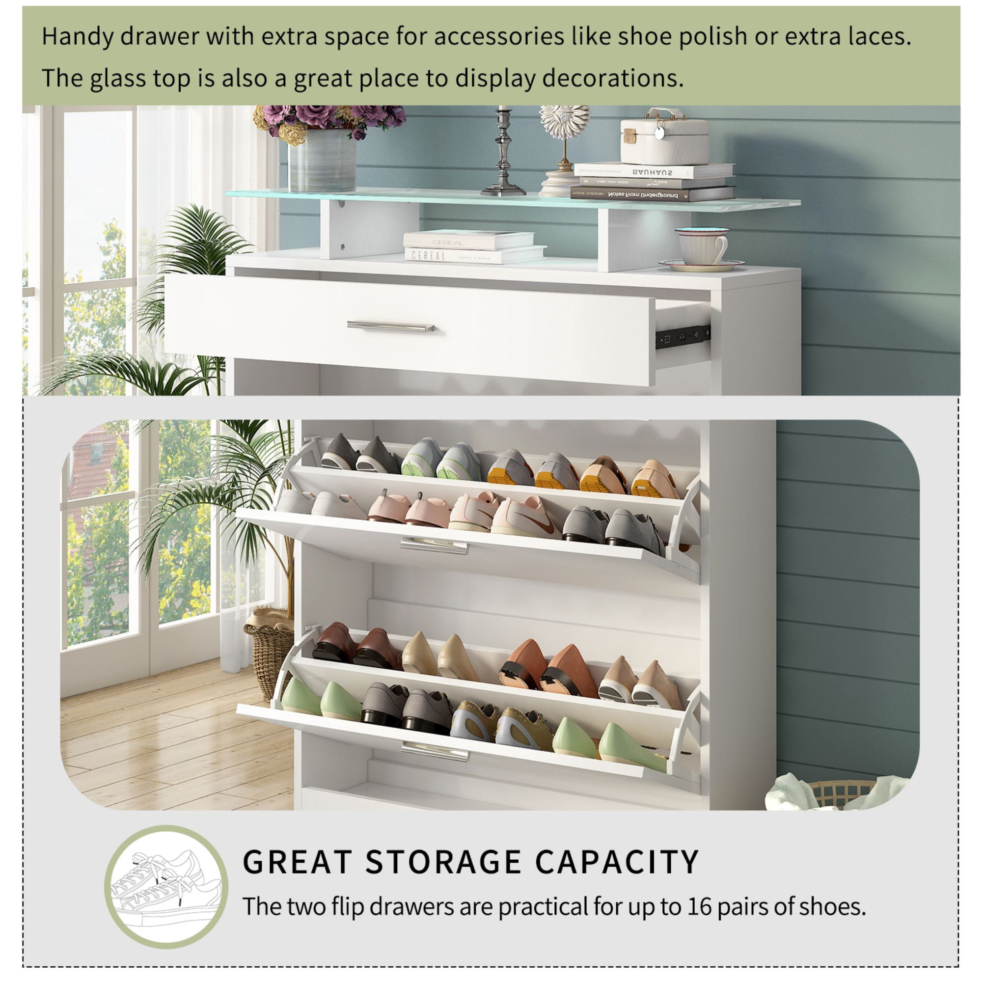 DEALTOPS Modern Freestanding Shoe Cabinet with 2 Flip Drawers and Tempered Glass Top with LED Light, Stylish Shoe Rack with Large Storage Capacity for Entryway - White