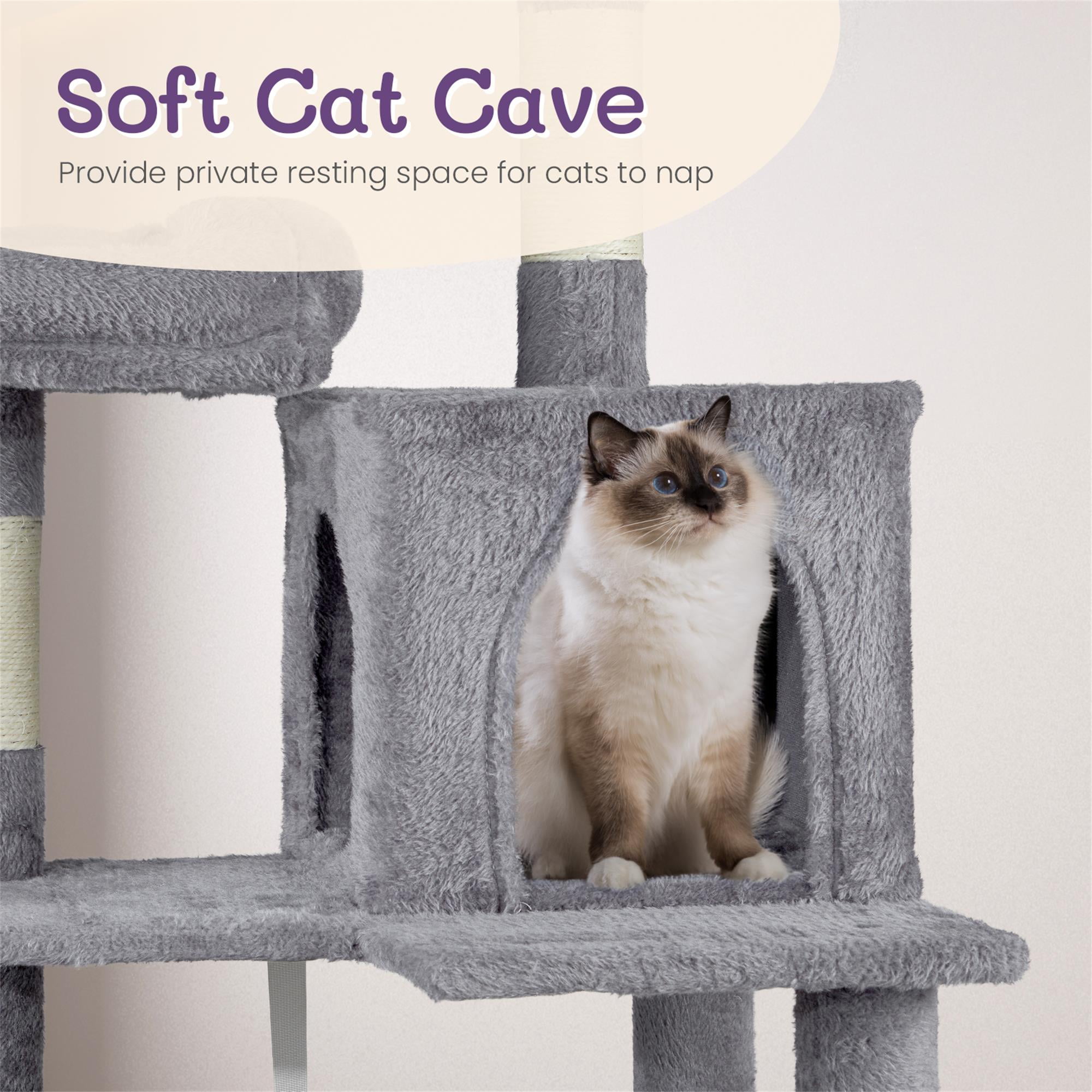 Kadyn 58" Cat Tree Tower for Indoor Cats, Cat House with Padded Platform Bed, Toy Balls, Large Cozy Condo, Hammocks and Sisal Scratching Posts, Light Gray