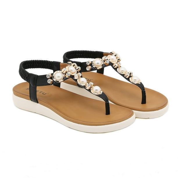 Zapatos de mujer, zapatillas de playa ligeras, zapatillas sin cordones, tacón medio, informales, cómodas, con diamantes de perlas, sandalias con cuña, chanclas bohemias Wmkox8yii nm2625