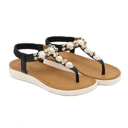 

Zpanxa Womens Sandals Shoes Light Beach Slip-on Slippers Mid Heel Casual Comfortable Pearl Diamonds Wedges Sandals Bohemian Flip Flops Wedge Sandals for Women Black 38