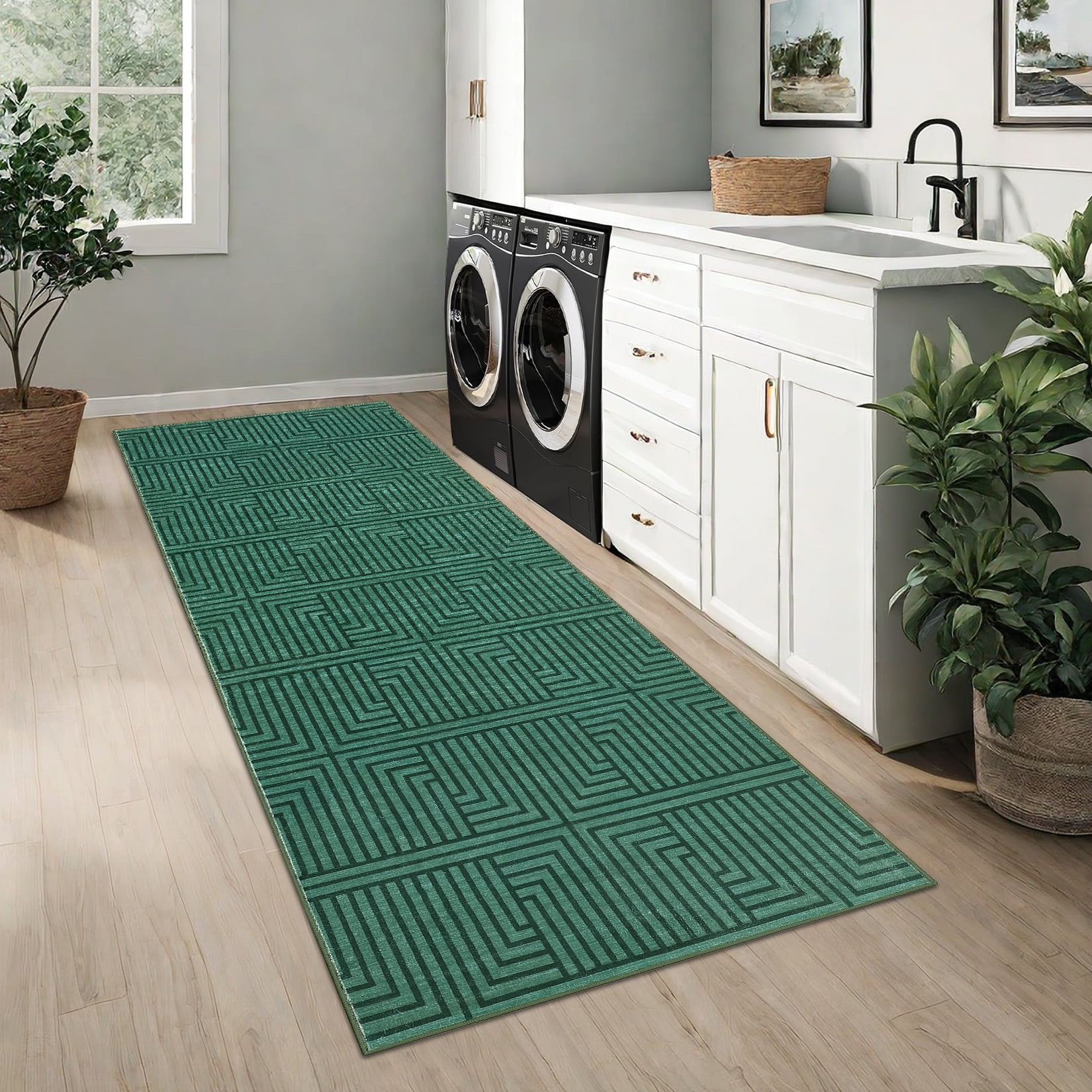 Modern Outdoor Rug 2x6FT - Green Waterproof Patio Carpet, Modern Area Rugs