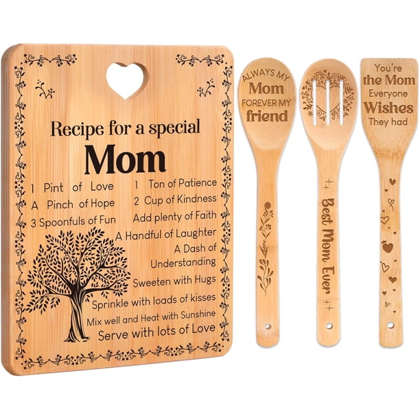 Regalos de Navidad para mamá: "Receta para una mamá especial". Juego de tablas de cortar, utensilios de bambú grabados, regalos de cumpleaños para mamá, decoraciones navideñas.