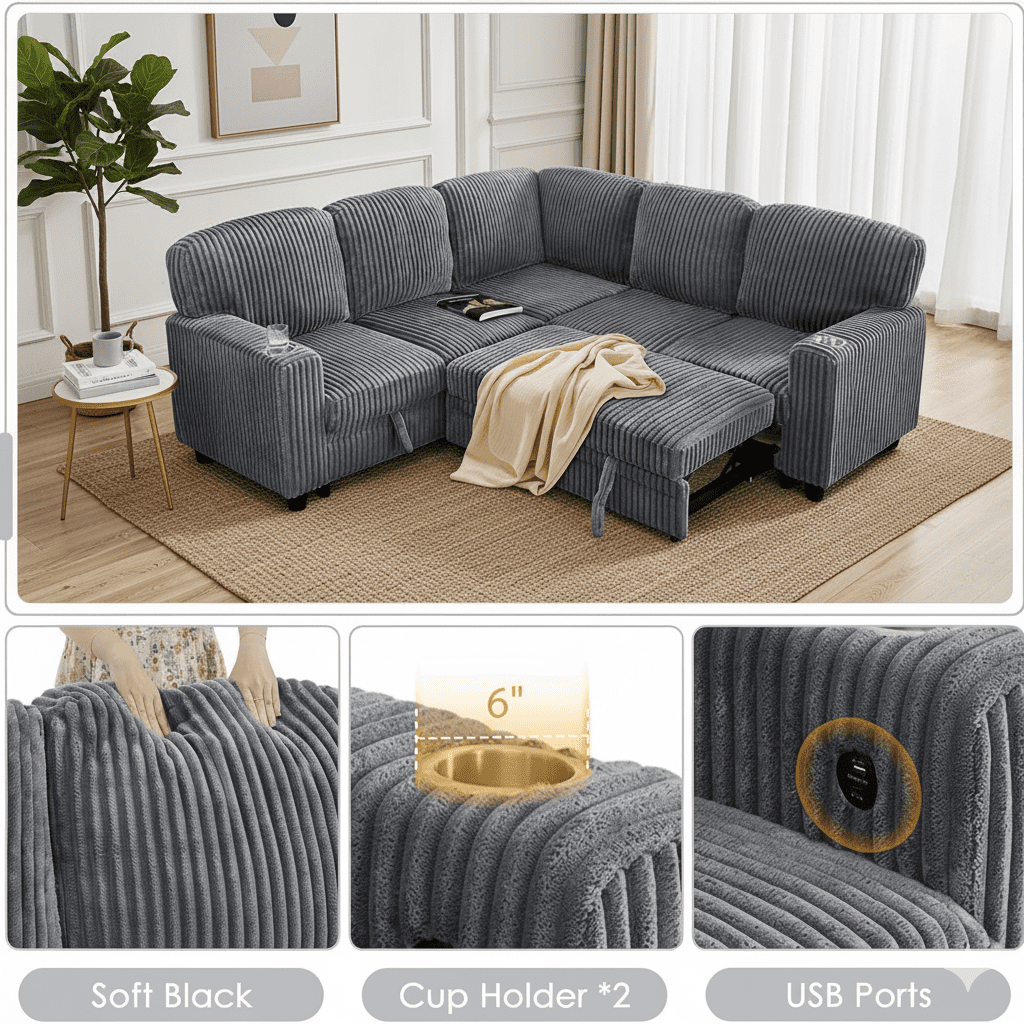 81" Modular Sectional Sofa, Corduroy Pull Out Couch Bed Sleeper Sofa Bed with Storage Seat, Cup Holders & USB/Type-C Ports, V Shaped Sectional Couch for Home Living Room (Grey)