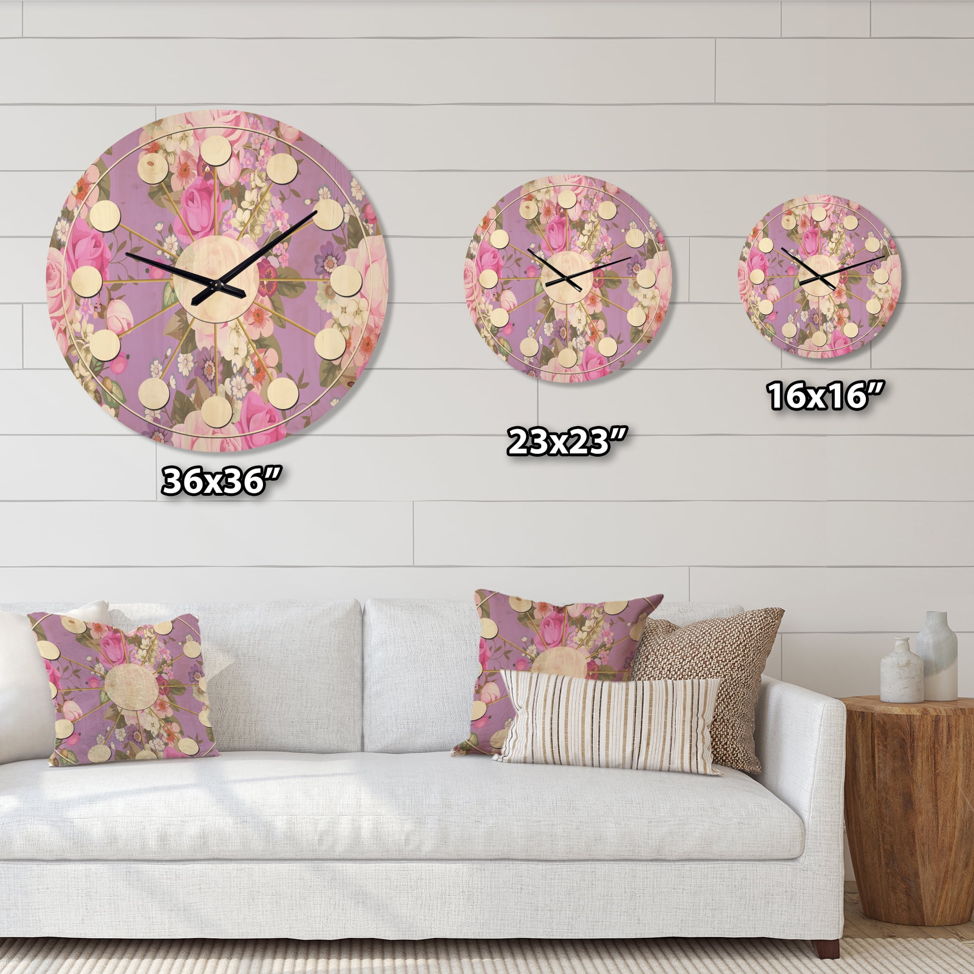 Designart 'Country Roses With Pattern' Mid-Century Modern Wood Wall Clock