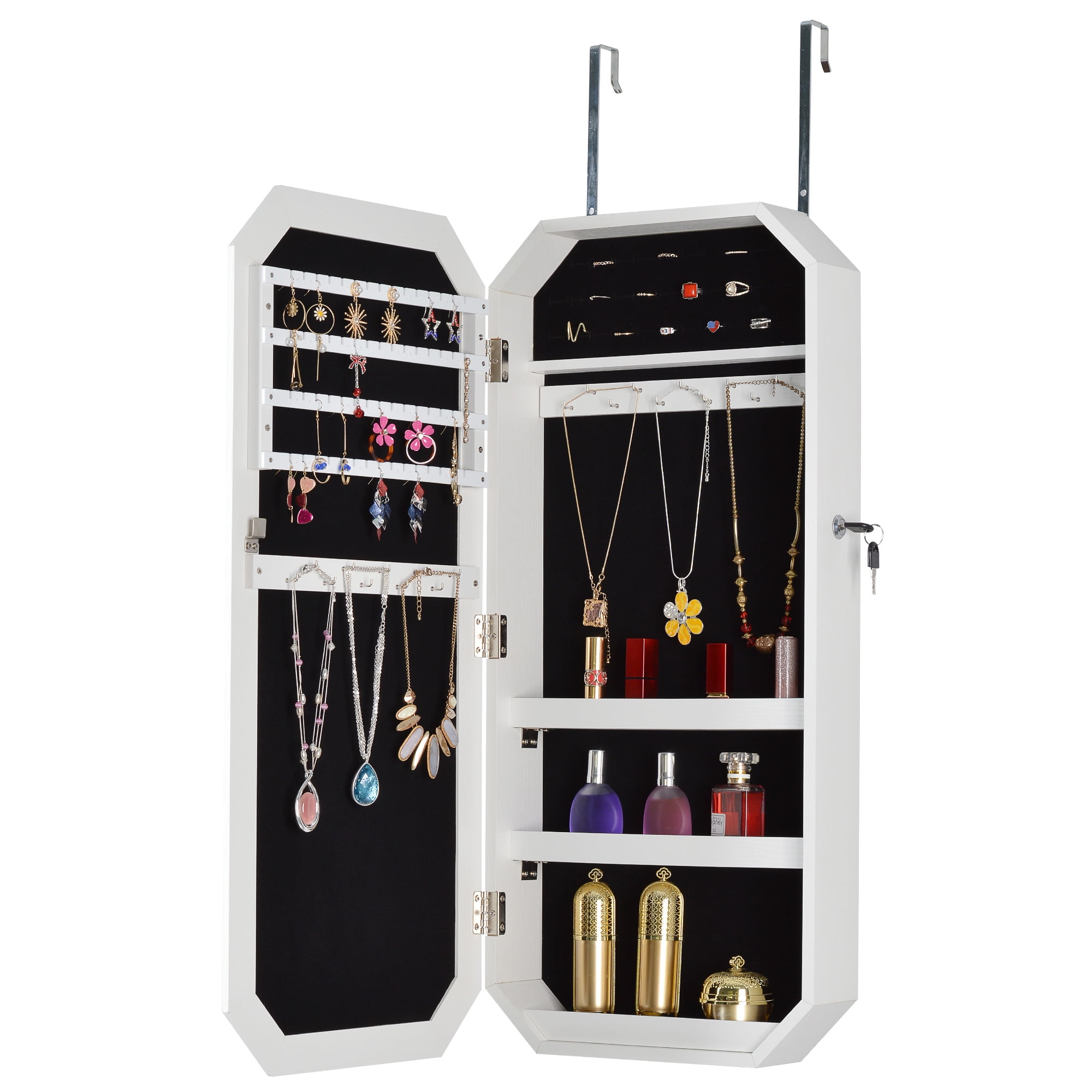 Kepooman Lockable Mirrored Jewelry Cabinet, Wall Door Mounted Jewelry Armoire Organizer with Full Length Mirror Space Saving Lockable,White Kepooman Lockable Mirrored Jewelry Cabinet, Wall Door Mounted Jewelry Armoire Organizer with Full Length Mirror Space Saving Lockable,White