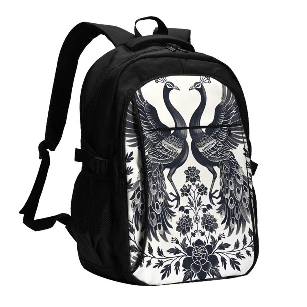 Fotbe Artistic Black White Peacocks Mochila con Estampado y Puerto USB para Hombre y Mujer, Mochila Antirrobo, Mochila de Viaje, Mochila Escolar, Mochila Universitaria