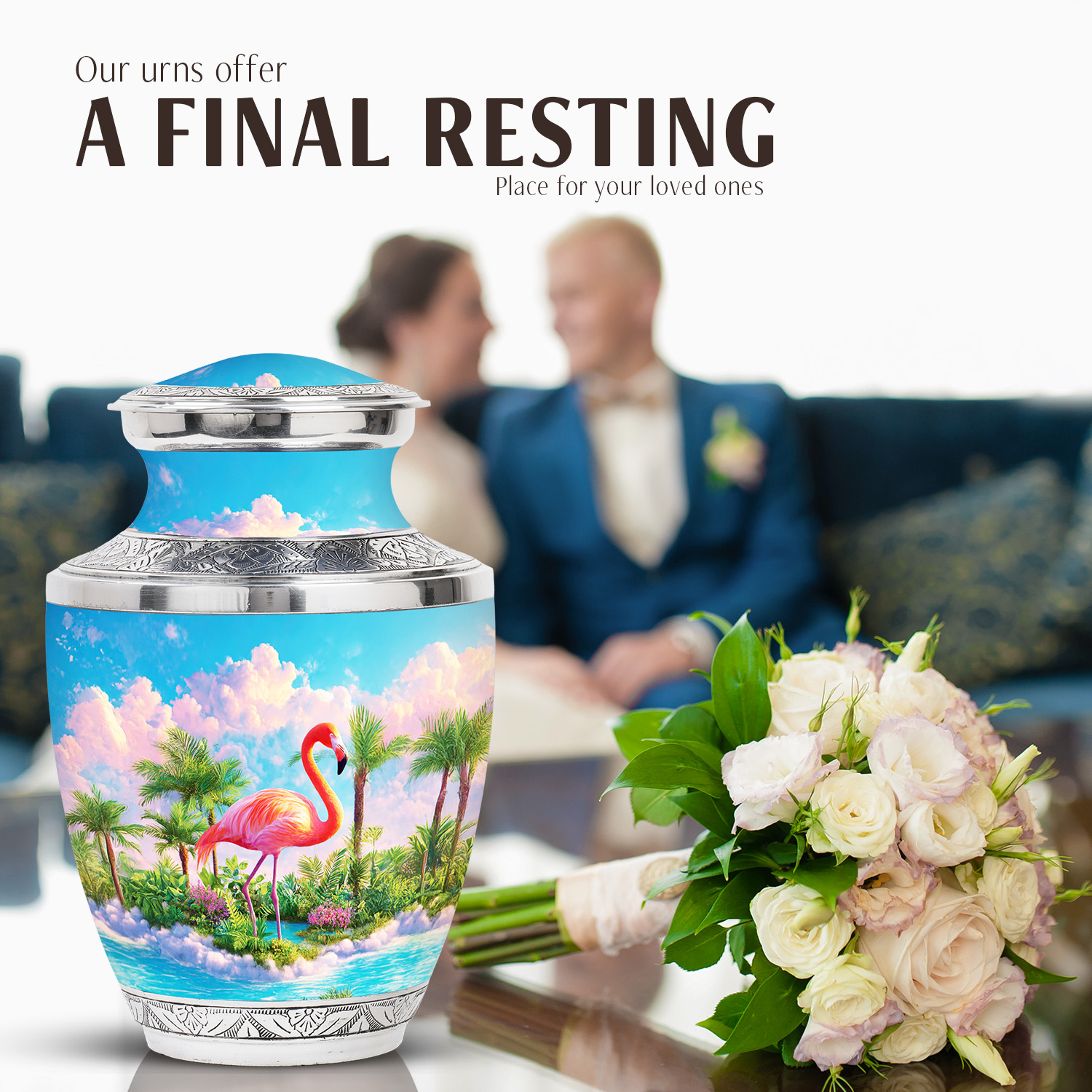 JAGASY Pink Flamingo Memorial Urn for Ashes Adult Male, Blue Urns for Human Ashes, Tropical Landscape & Palm Trees Decorative Urns for Couple, Large Cremation Urn for Husband & Wife, (10 Inch)