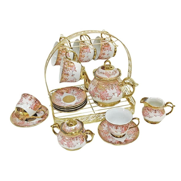 Juego de tazas y platillos de cerámica Juego de tazas de té de Cafetera de estilo europeo con estante Juego de tazas de té de cerámica de 5 Cereza perfecl tazas platillos