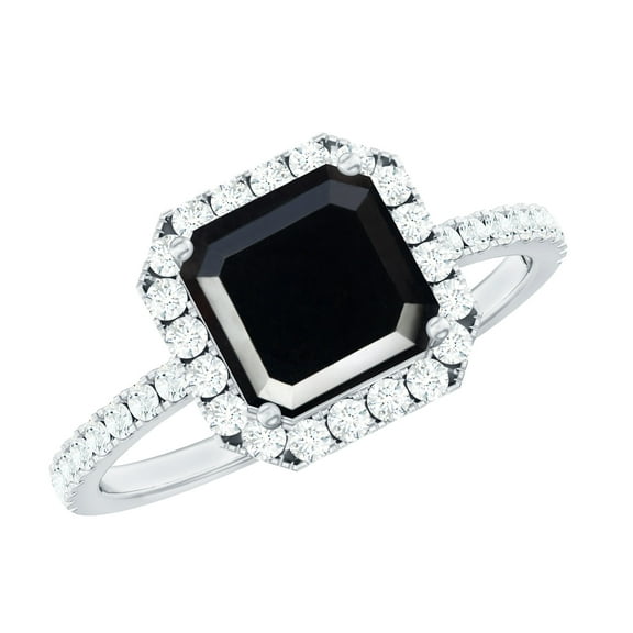 Rosec Jewels Black Onyx Asscher Cut Engagement Ring with Halo - AAA Quality Black Onyx and Diamond Ring - with Jewelry Box, 925 Sterling Silver, US 4.00