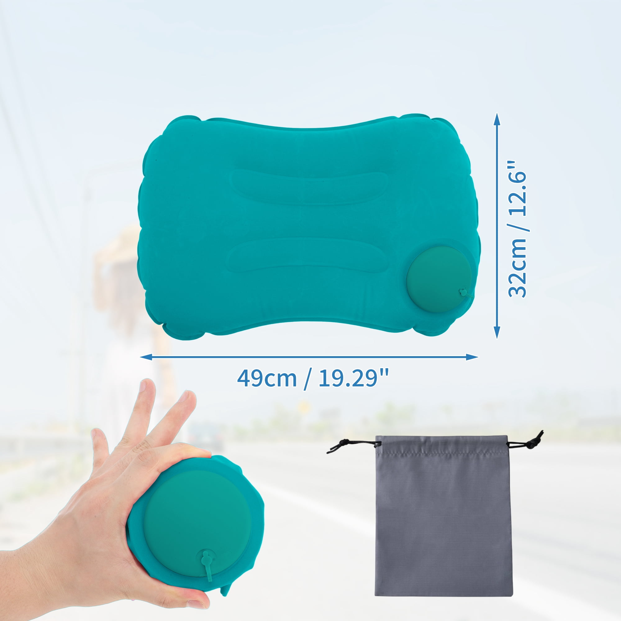 Unique Bargains Travel Pillow Press to Inflate Neck Pillow Peacock Green 19.29"x12.6"