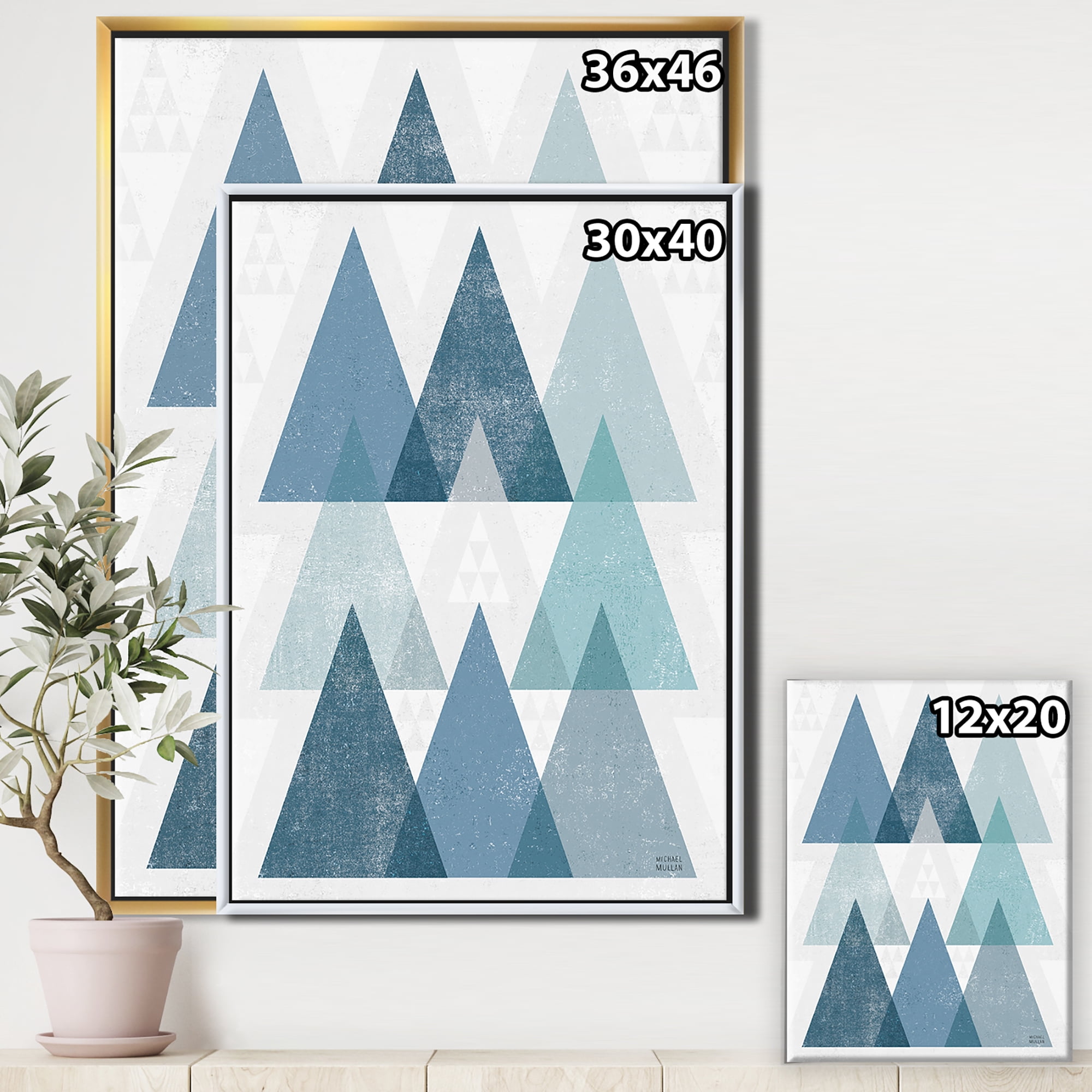Designart ' minimal Triangles IV Blue ' MidCentury Modern Framed Canvas