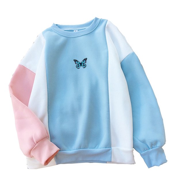 CAROOTU Sweat à Capuche Imprimé Papillon Manches Longues Assorti de Couleurs Col Rond Ample Décontracté Unisexe pour Automne Hiver