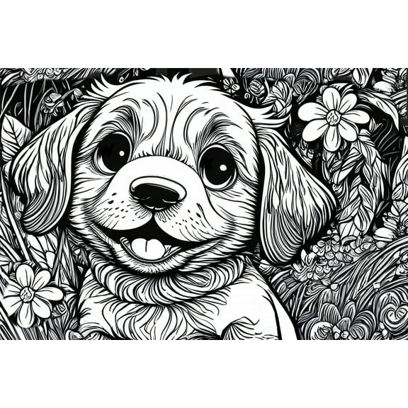 24x16in Coloring page illustration featuring a playful puppy in a natural setting 【Coated Paper】