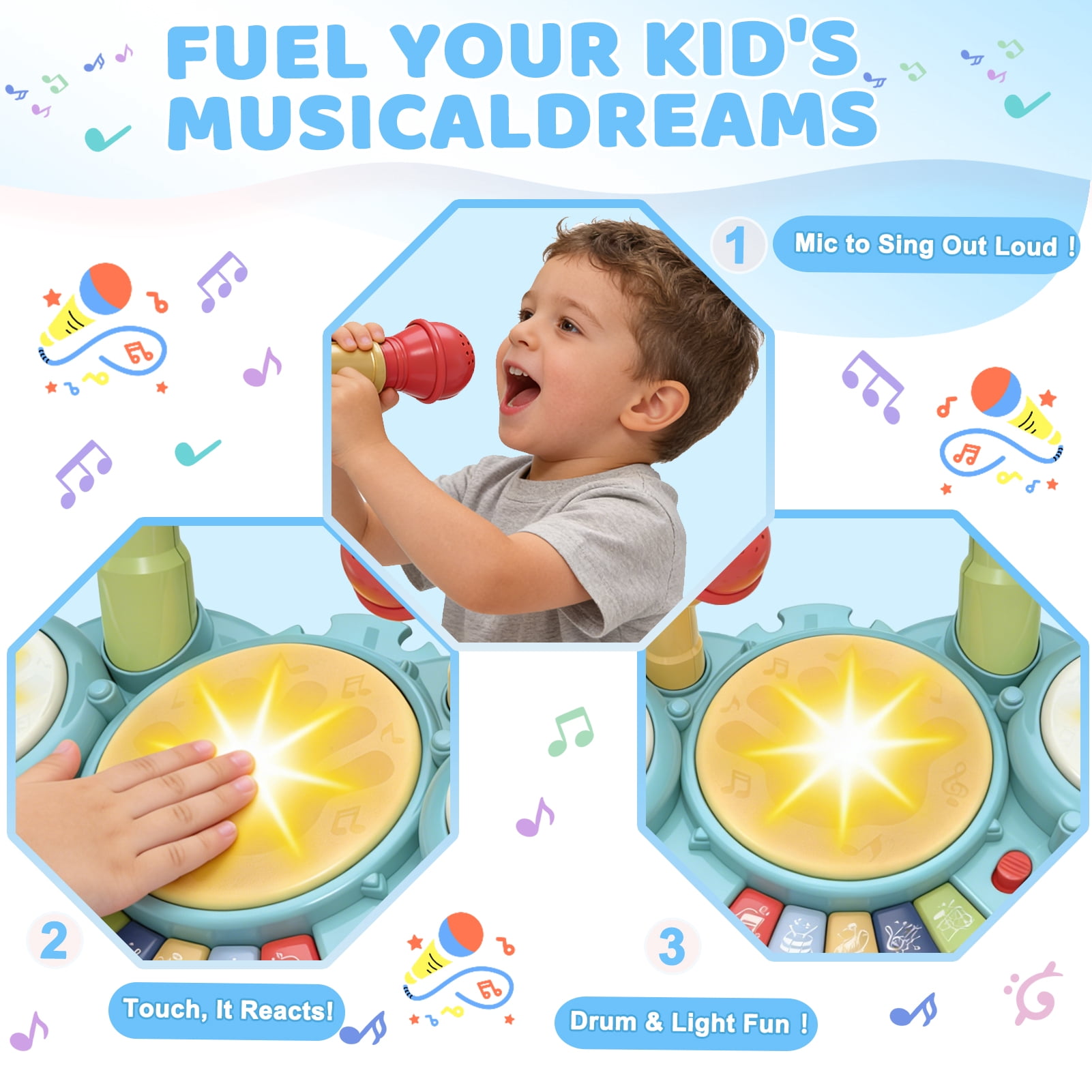 Leimiao Kids Drum Set for Toddlers, Montessori Musical Toys with Microphone, Learning Developmental 1-4 Years Baby Gift (Blue)