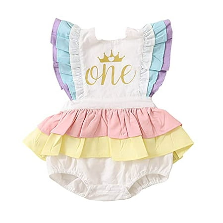 

StylesILove Infant Baby Girls Rainbow Ruffle 1st Birthday with Crown Cotton Sleeveless Romper Sunsuit Spring Summer Outfit (12 Months)