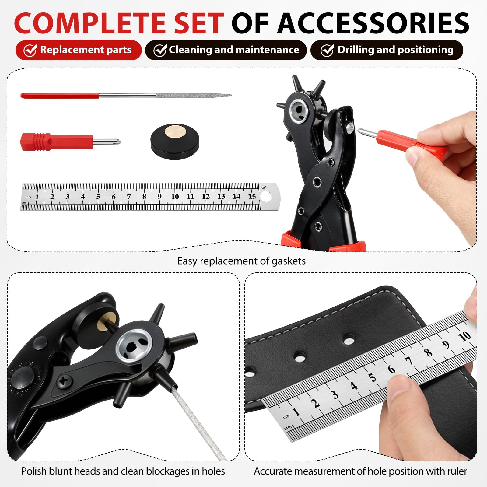 Leather Hole Punch Set Punch Pliers with PVC Handle and Effort Saving Design Ideal for Belt Plastic Rubber Canvas DIY Leather Work,Red