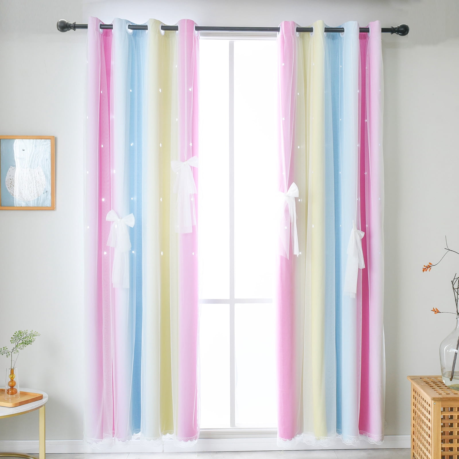 Psoiuetr Blackout Gradient Ombre Curtains for Kids Girls Bedroom Living Room Decor Rainbow Double Layers Star Cut Out Stripe Pink Yellow Grommet Window Curtains,52"x63",1 Panel