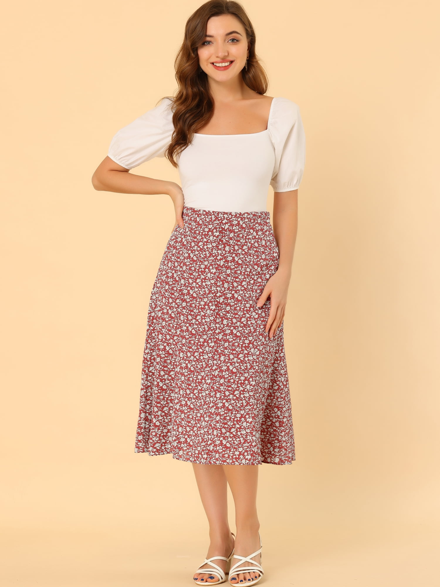 DARING DIVA Women's Elastic Waist A-Line Floral Print Midi Skirt XS Red White