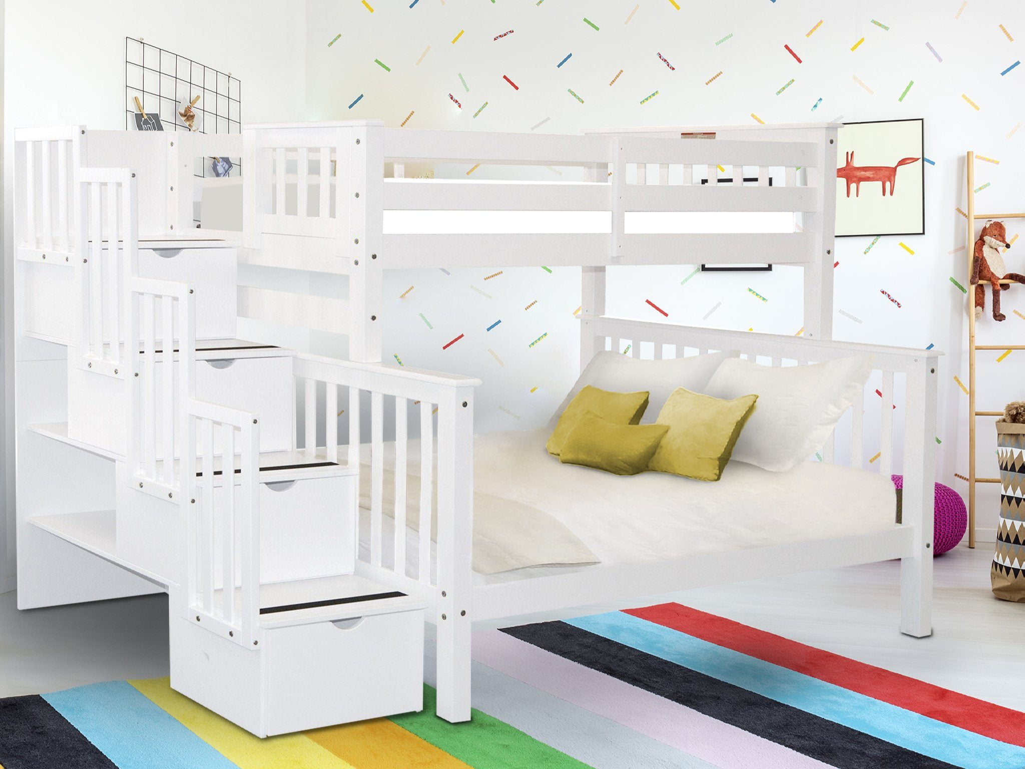 Bedz King Stairway Bunk Beds Twin over Full with 4 Drawers in the Steps