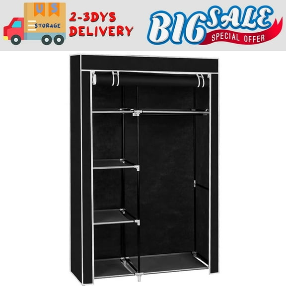 64" Portable Closet Storage Organizer Wardrobe Clothes Rack with Shelves Black