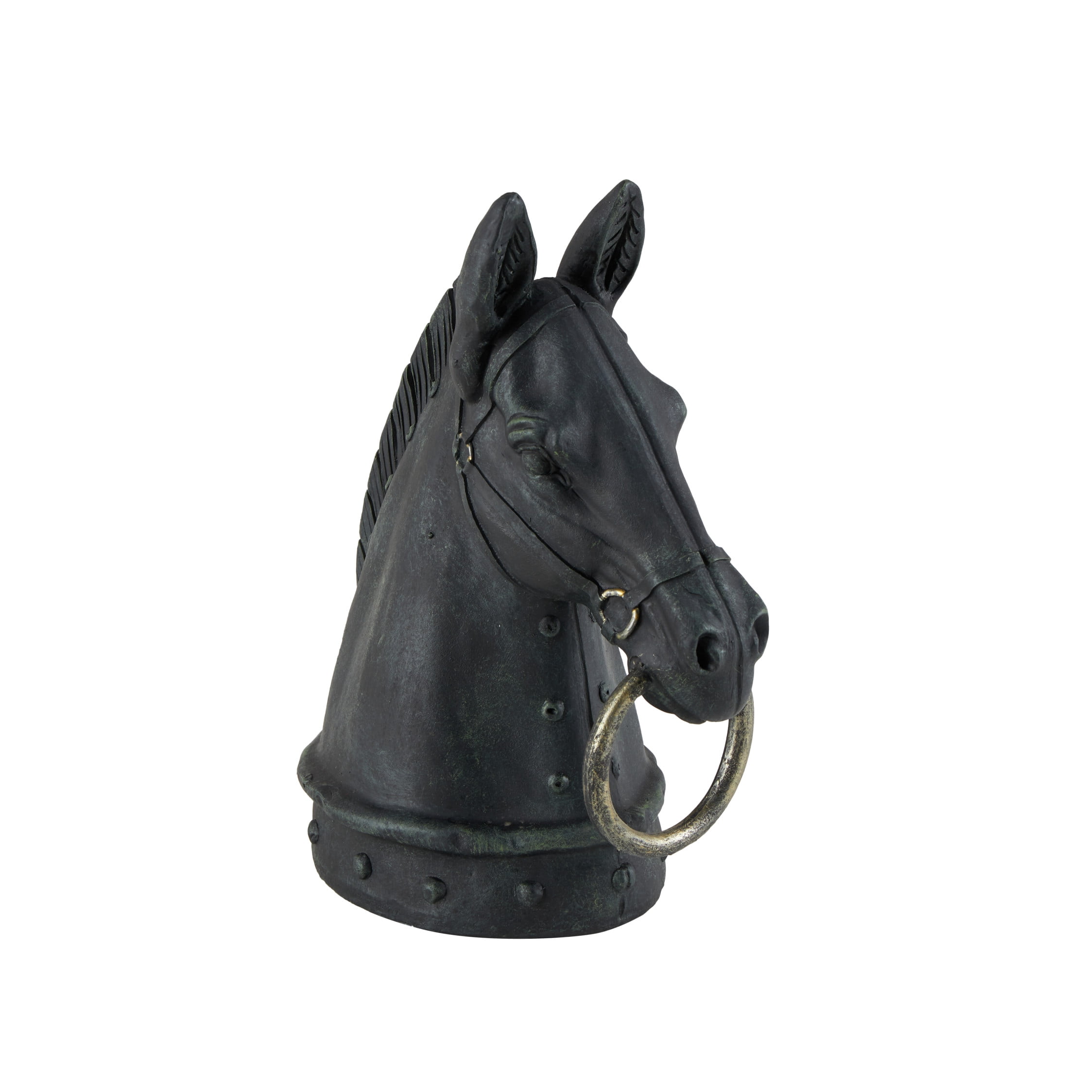 9" x 12" Black Polystone Antique Style Head Horse Sculpture with Hitching Post and Gold Accents, by DecMode