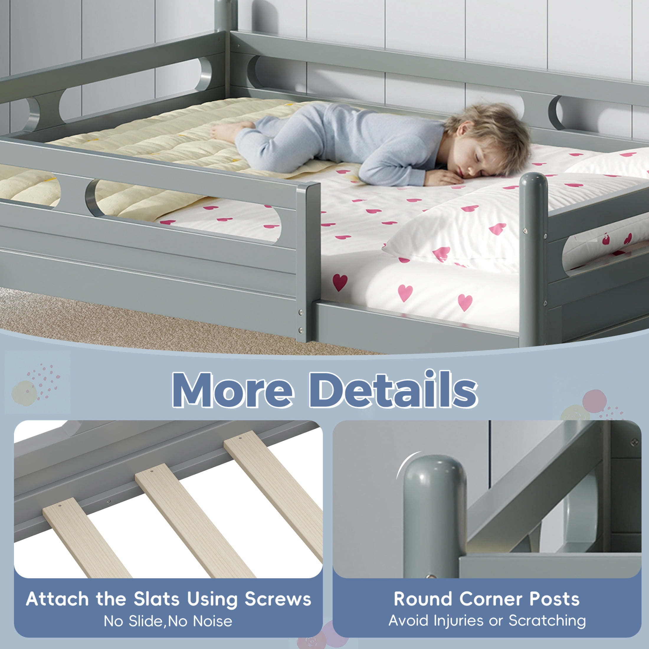 Noble House Full Size Kids Bed Frame with Safety Rails, Low Profile Design & Slat Support, Gray