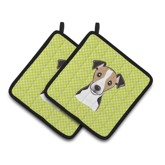 Carolines Treasures BB1323PTHD Checkerboard Lime Green Jack Russell Terrier Pair of Pot Holders  7.5HX7.5W multicolor