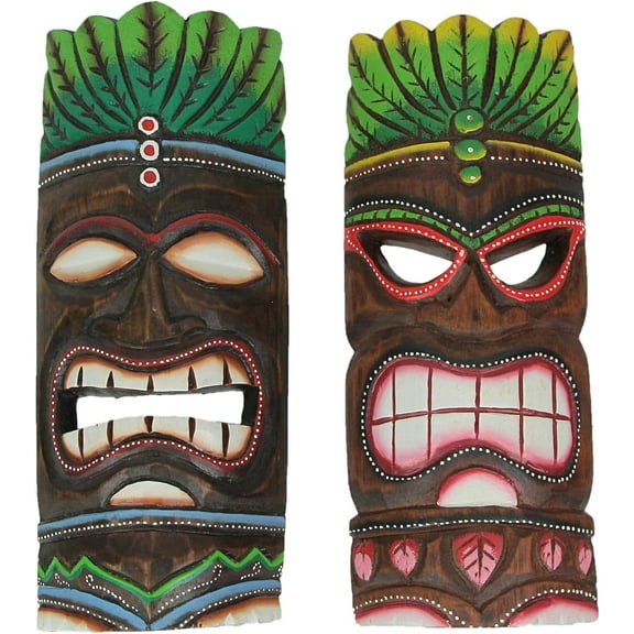 Set of 2 Hand-Carved Wood Tiki Masks in Blue and Green Flame Design, Ideal for Tropical Wall Decor, 11.75 Inches High - Easy to Hang - Artisan Crafted
