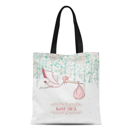 Girl Stork Birth Announcement ASHLEIGH Canvas Tote Bag Pink Stork Baby Girl Announcement Vintage Birth Bird Child Durable Reusable Shopping Shoulder Grocery Bag ()