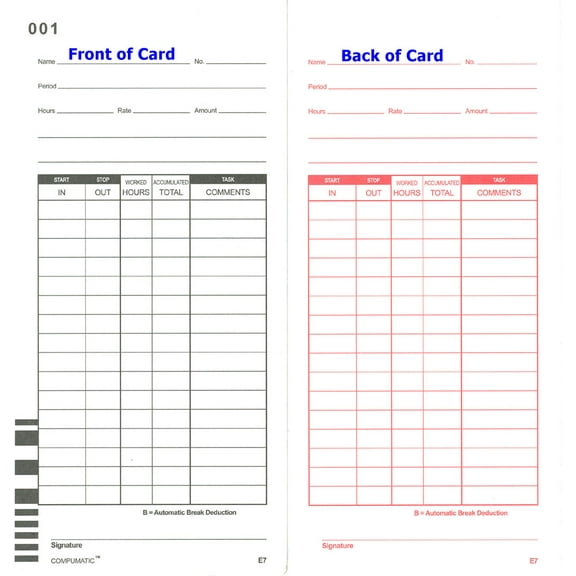 100 Time Cards for Lathem 7000E 7500E Calculating Time Recorder