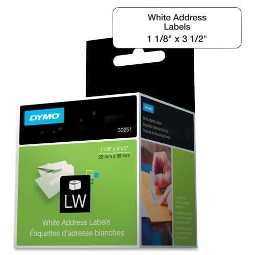 Dymo White Address Labels Permanent Adhesive - 3 1/2' Width x 1 1/8' Length - Rectangle - Direct Thermal - White - Paper - 130 / Roll - 260 / Box