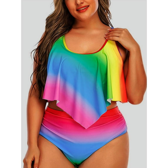 Lovelywholesale Plus Size Boho Gradient Asymmetrical Multicolor Tankini