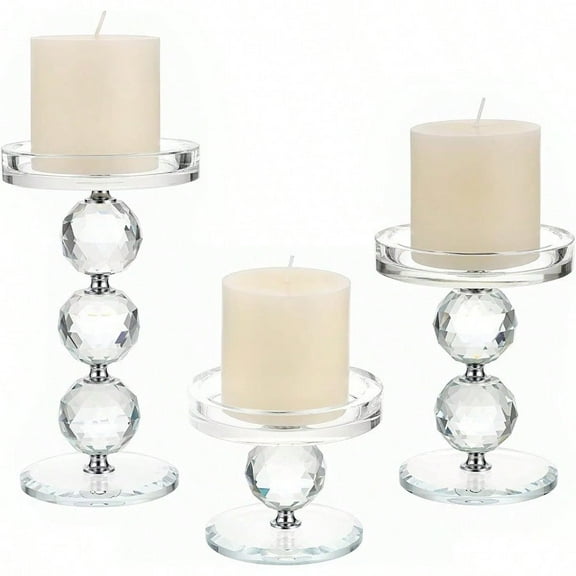 Set of 3 Crystal Glass Pillar Candlestick Holders Clear Pillar Candle Holders Sets Tealight Votive Candle Stands Modern Candle Centerpiece for Living Room Wedding Decor
