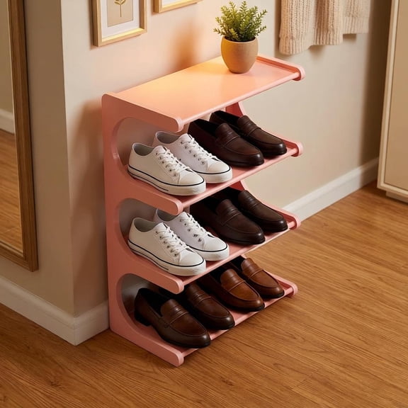 Four-Tier Shoe Rack Organizer,Plastic Storage Stand for Bedroom Entryway Closet,Ventilated Multi-Layer Shoe Storage for Men and Women,Space-Saving Functional Organizer for Home or Office Use-Pink