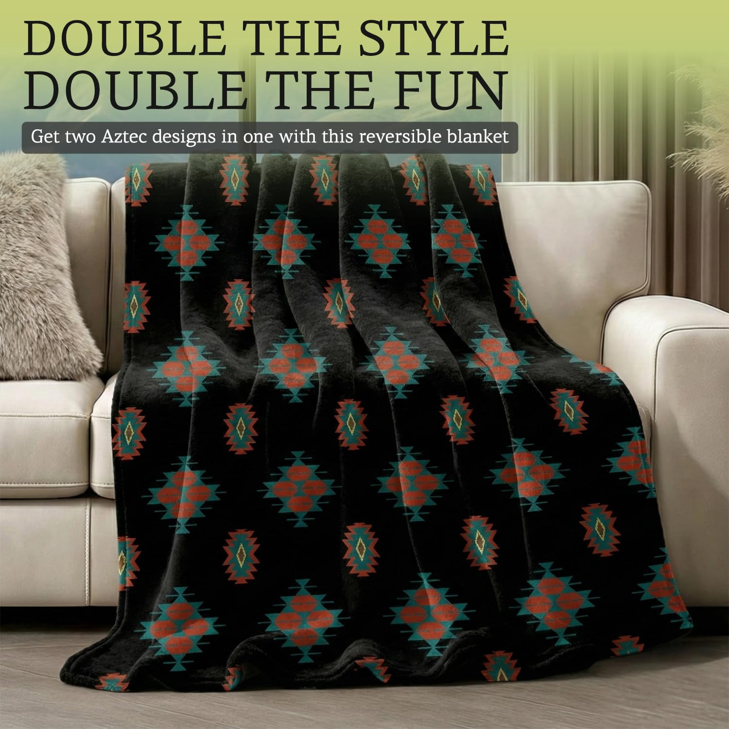 Sacred Thread Fleece Blanket South Western, Reversible Mexican, Vibrant Aztec Blankets and Throws for Aztec Decor for Home (Cream Flannel / Flannel (Throw (40''x60''))