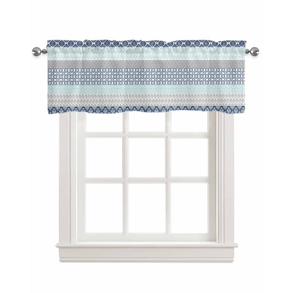 Boho Blue Aqua Kitchen Valances for Windows Farmhouse Linen Window Valance Curtain for Living Room Window Treatment Geometric Stripes Tribal Bohemia Retro Valance Rod Pocket Topper, 54 x 18 Inch