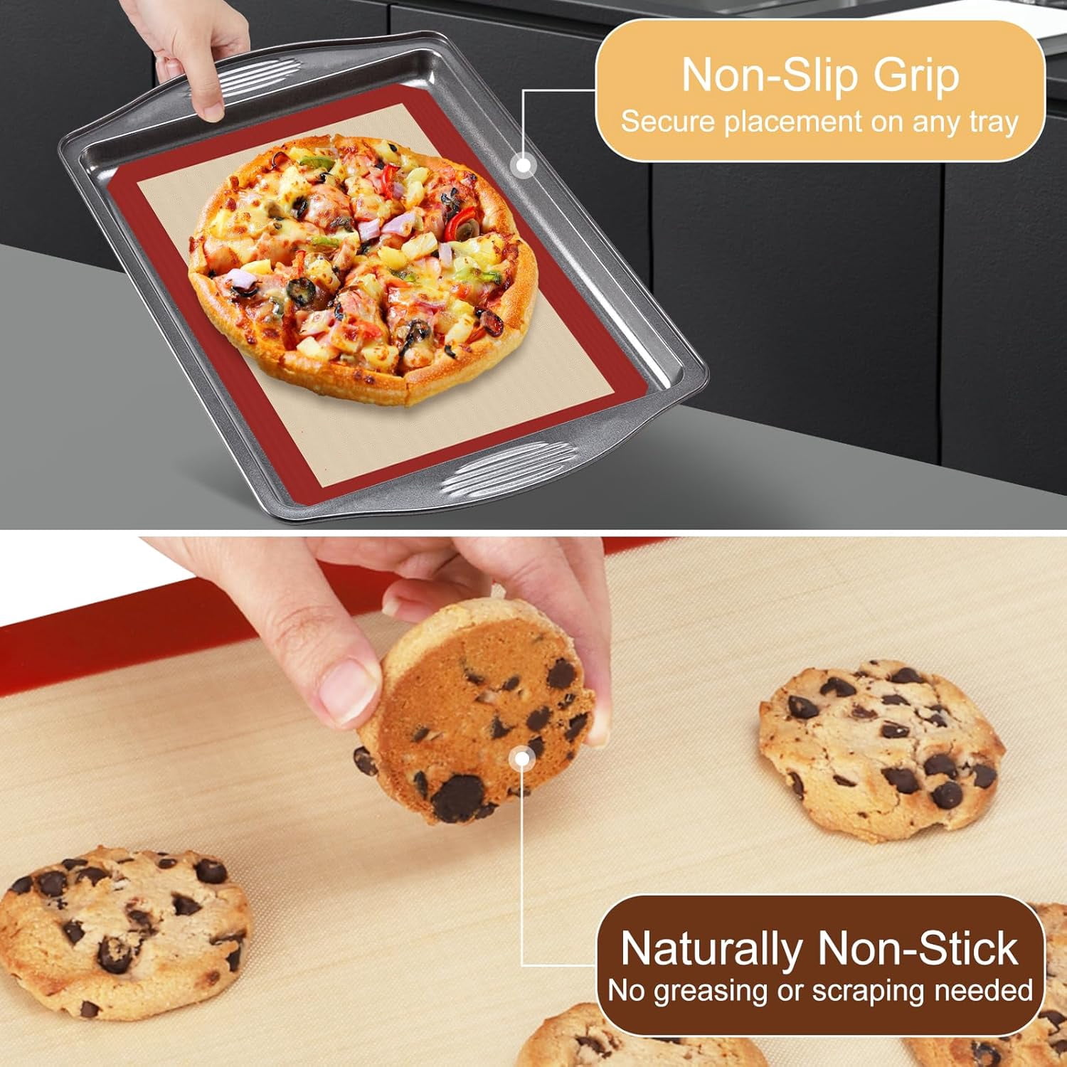 Silicone Baking Mats – Non-Stick Reusable Silicone Baking Sheets for Oven – Cookie & Macaron Mats – BPA-Free, Dishwasher Safe
