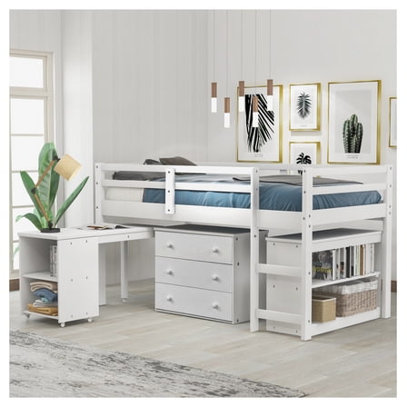 Low Study Twin Loft Bed with Cabinet & Rolling Portable Desk, White