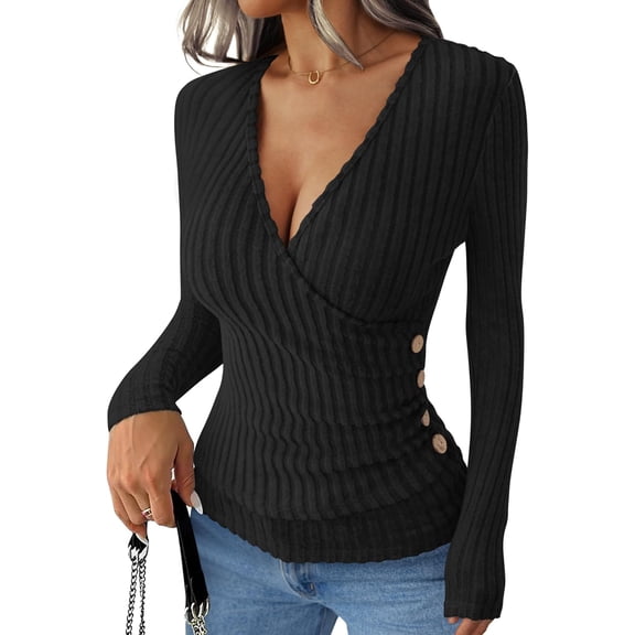 KYGABAK Long Sleeve ShirtsV Neck Tops for Women Sexy Sweater V Neck Ribbed Knit Slim Fit Wrap Top 2025 Fall Casual Fashion Clothes,Black S