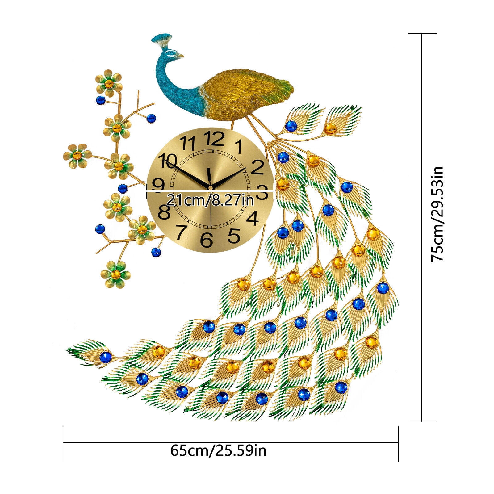 Luxury Peacock Large Wall Clock Metal Living Room 3D Wall Watch Home Decor Gift