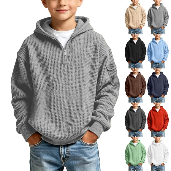 Teylalorva Boys Girls Waffle Hooded Sweatshirt (3-14) Long Sleeve Half Zip Pullover Top with Pocket Gray Size 5T