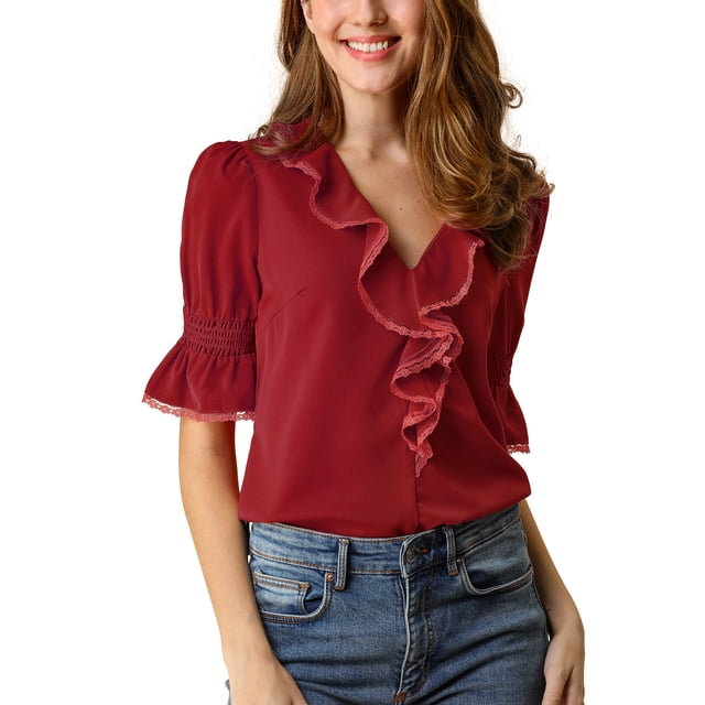 INSPIRE CHIC Women's Ruffled V Neck Puff Elbow Sleeve Semi-Sheer Chiffon Blouse M Red