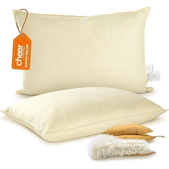 Set of 2 Organic Kapok Bed Pillows, Natural Kapok Fiber Filled Sleeping Pillows with Breathable Cotton Shell, Standard Size, 20 x 28 inches