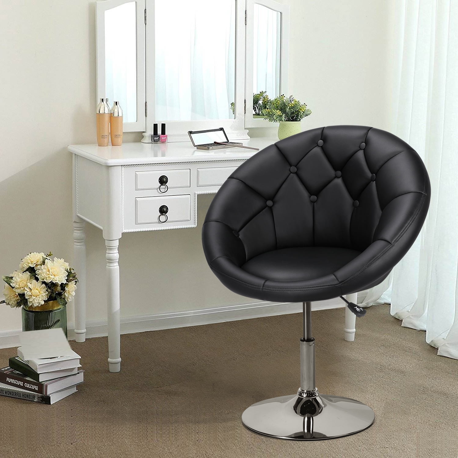 Alden Design Modern Tufted Adjustable Barrel Swivel Accent Chair, Black Faux Leather