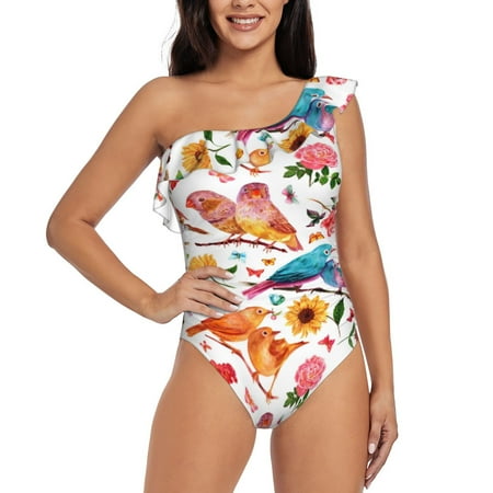Coaee Flowers Birds And Butterflies Women s One Piece Swimsuits One Shoulder Swimwear Asymmetric Ruffle Monokinis Bathing Suits - X-Large