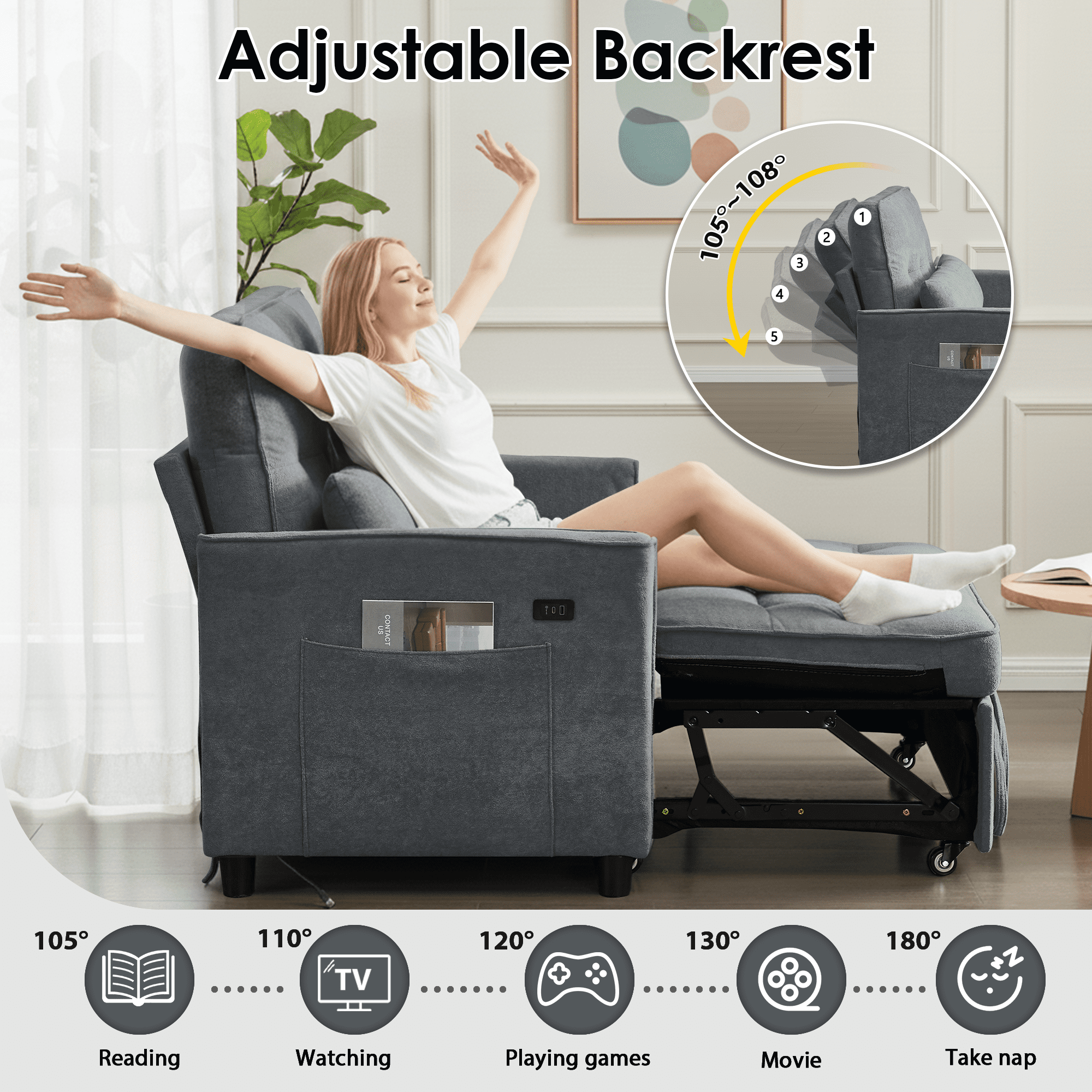 Convertible Sofa Bed,55" 3-in-1 Sleeper Sofa with Pull Out Bed,Sleeper Couch Loveseat with Adjustable Backrest,USB Charging Ports & Side Pockets for Living Room,Apartment,RV,Easy Assembly,Dark Grey