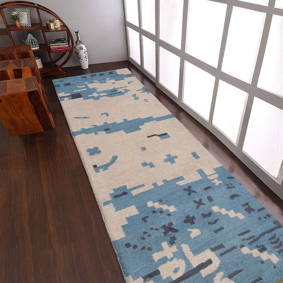 Rugsotic Carpets Hand Tufted Wool Eco-Friendly 2'6''x8' Area Rugs Runner Beige Blue Abstract Modern High Pile Thick Handmade Anti Skid Indoor Rug for Living Room, Bedroom K00702