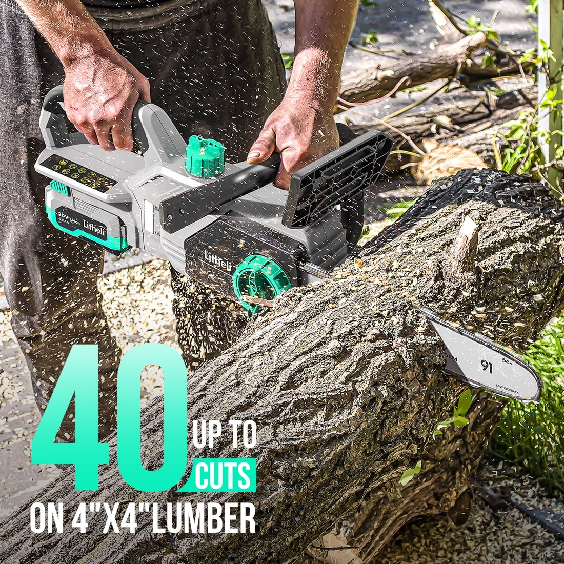 Litheli 20V 10" Cordless Handheld Chainsaw + 4.0Ah Battery Pack & Charger  for Tree Pruning, Branch Cutting, Yard, Garden