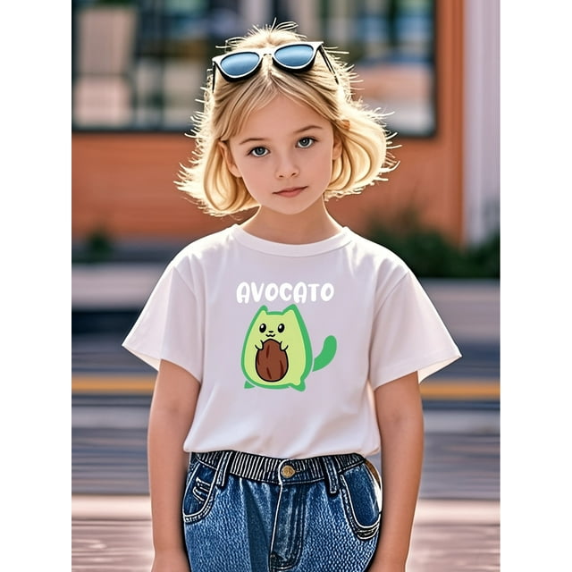 Camiseta con estampado de aguacate para niña, elegante, de mezcla suave de poliéster y elastano, cuello redondo informal y manga corta, ideal para el verano, color negro con un divertido estampado de